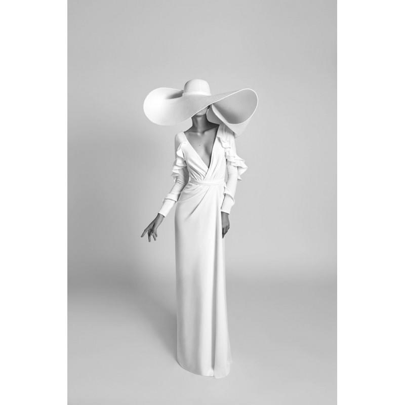 Mariage - Alon Livne White 2018 ISABELLA Long Sleeves Floor-Length Vintage Column V-Neck Ivory Outdoor Ruffle Satin Wedding Gown - 2018 Unique Wedding Shop