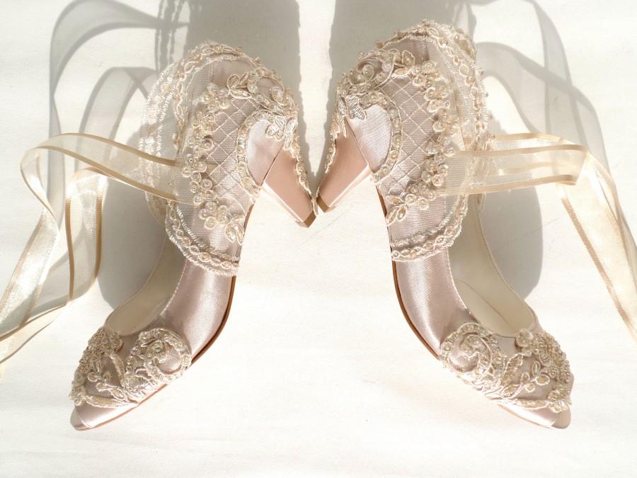 Hochzeit - Wedding Shoes - Champagne Embroidered Lace Bridal Shoes Low Heels