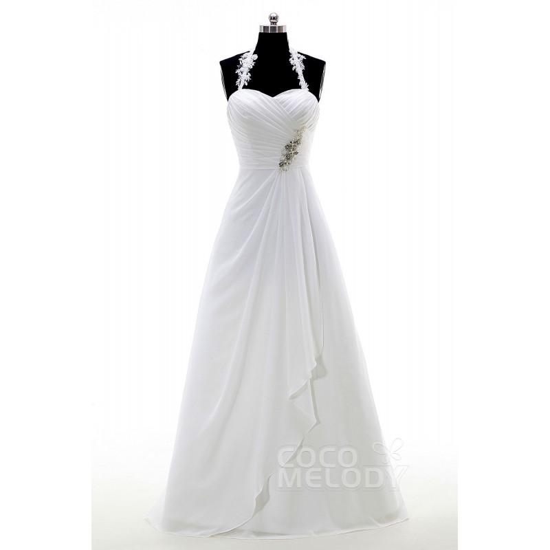 زفاف - Pretty Halter Floor Length Chiffon Ivory Zipper With Buttons Wedding Dress with Beading and Pleating - Top Designer Wedding Online-Shop