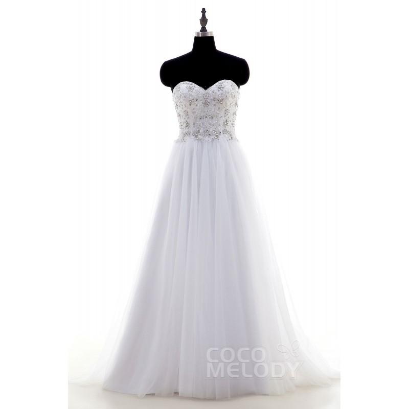 Mariage - Sweet A-Line Sweetheart Floor Length Tulle White Sleeveless Lace Up-Corset Wedding Dress Beading - Top Designer Wedding Online-Shop