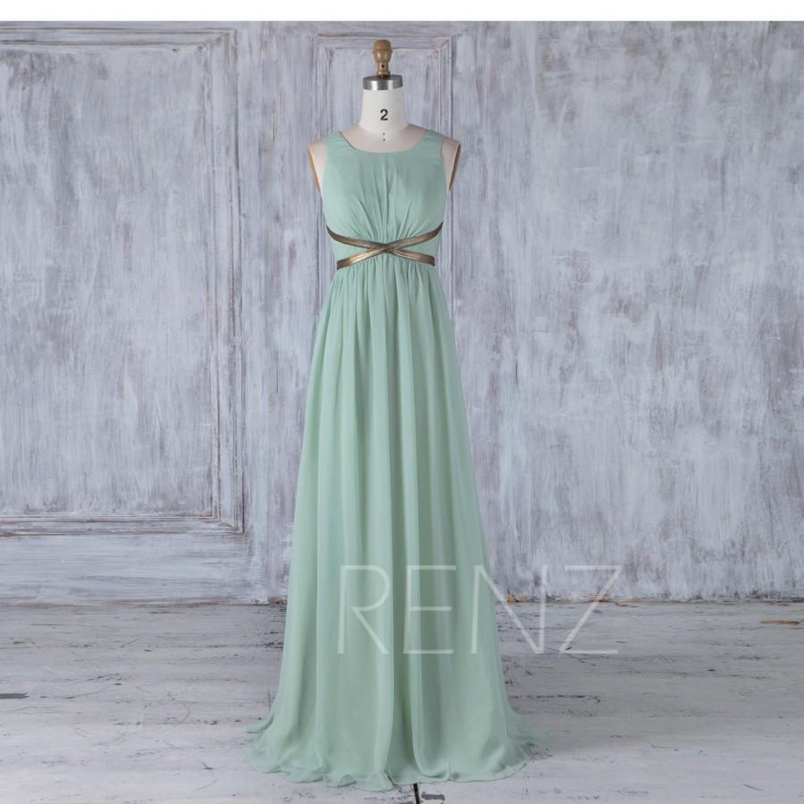 زفاف - Bridesmaid Dress Dusty Mint Scoop Neck Chiffon Wedding Dress with Gold Belt,Long Ruched Prom Dress,Illusion Back Long Maxi Dress(L283)