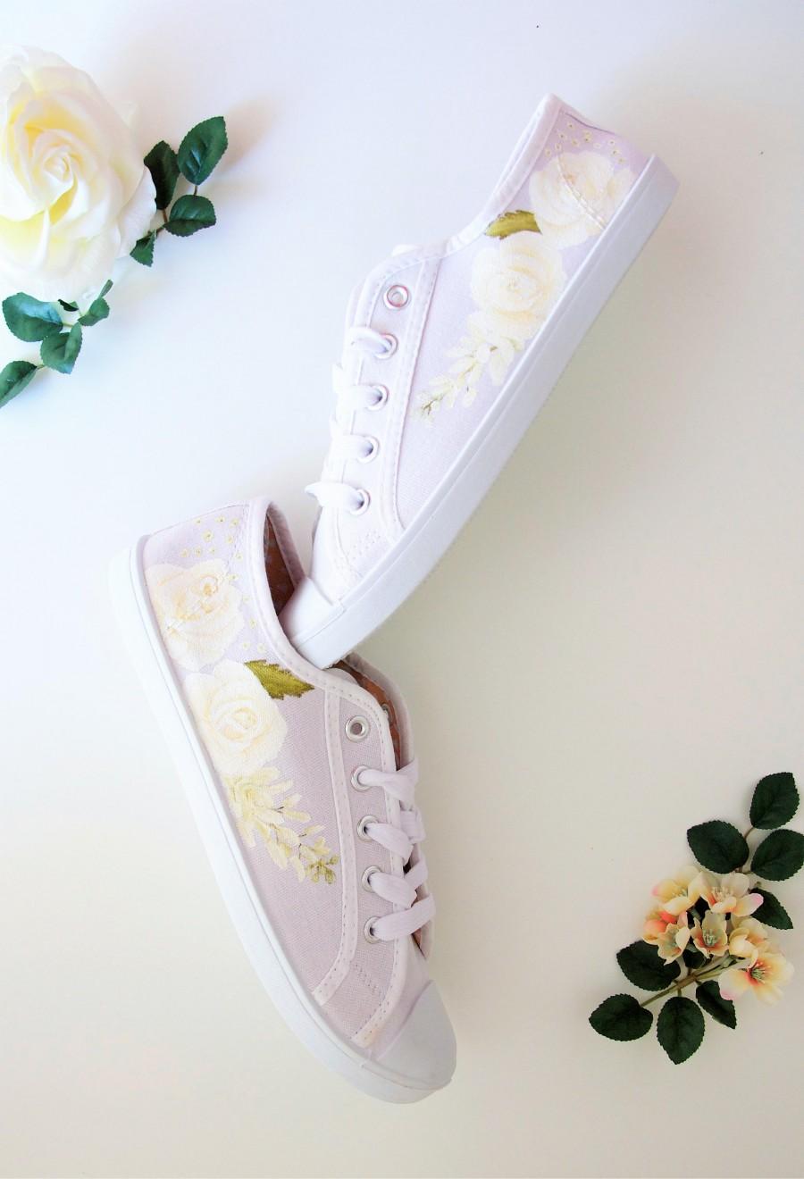 Wedding - White Rose, Wisteria and Gypsophila flower handpainted custom flat wedding trainer shoes