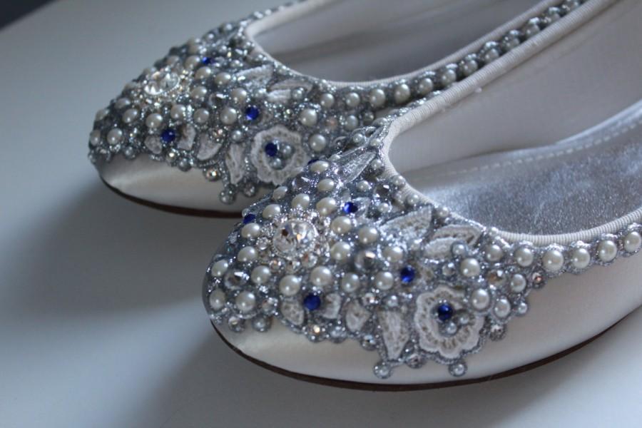 Hochzeit - Something Blue Bridal Ballet Flats Wedding Shoes - Any Size - Pick your own shoe color and crystal color