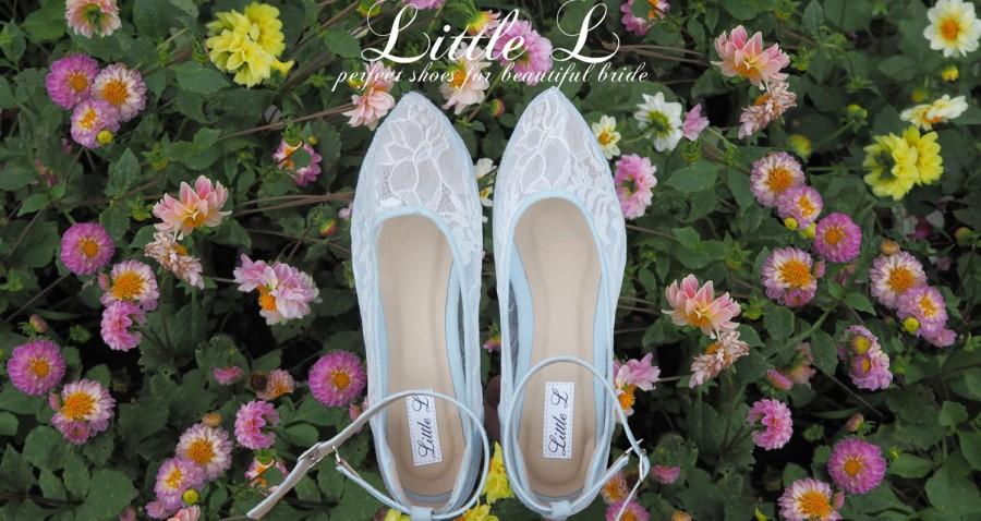 Свадьба - Wedding Shoes - White Lace With Blue Combination Color Heels or Flats Custom Colors