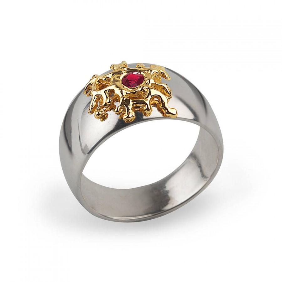 زفاف - Cyber Monday SALE, SILVER CORAL Gold Ruby Ring, Mens Ruby Ring, for Women, Unique Engagement Ring, Edgy Statement Ring, Silver and Gold Ring