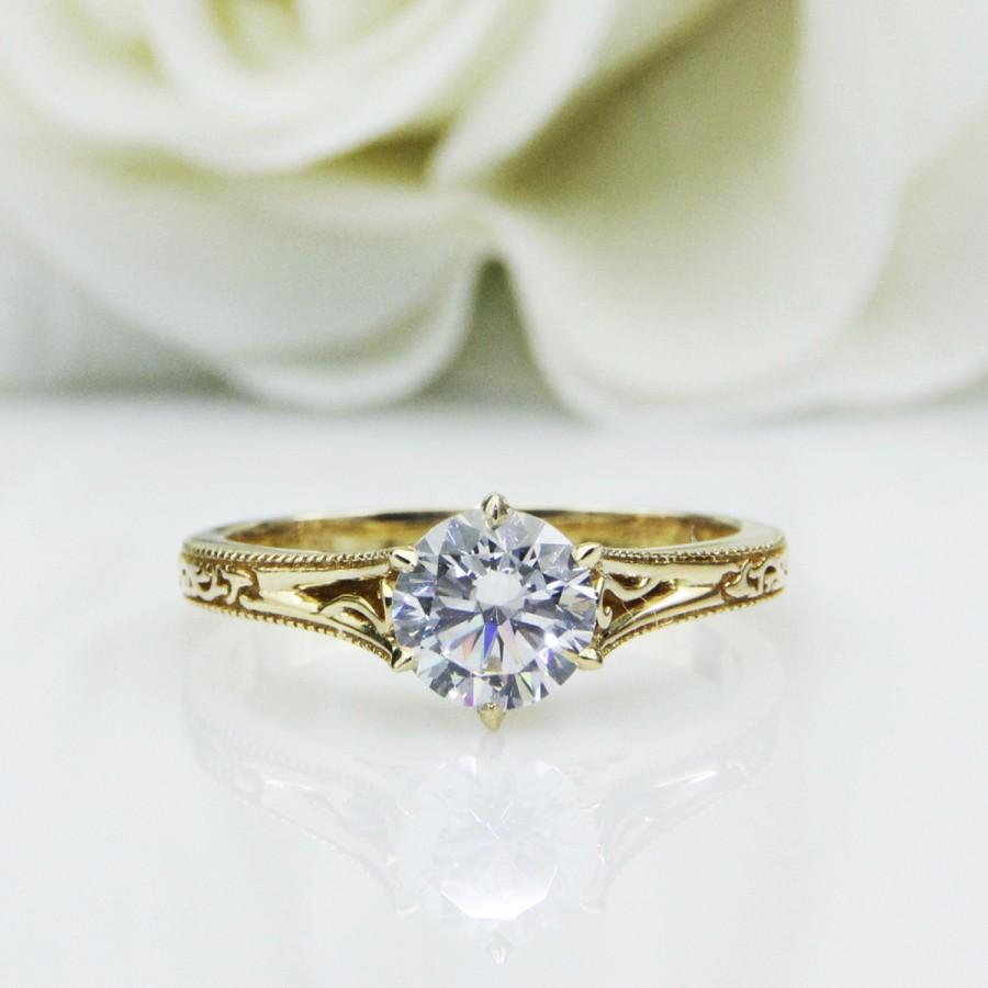 زفاف - Custom Brilliant Vintage Style 14K Solid Yellow Gold 1CT Simulated Diamonds Center Engagement Ring for Women Art Deco Ring(R0627)