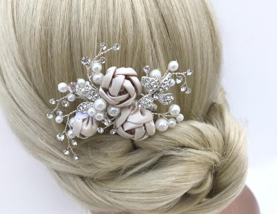 Wedding - Bridal Hair Pin, Wedding Hair Pin In Blush Champagne, Pearl, Crystal, Flower Hair Pin, Bridal Headpiece, Bridal Hair Vine