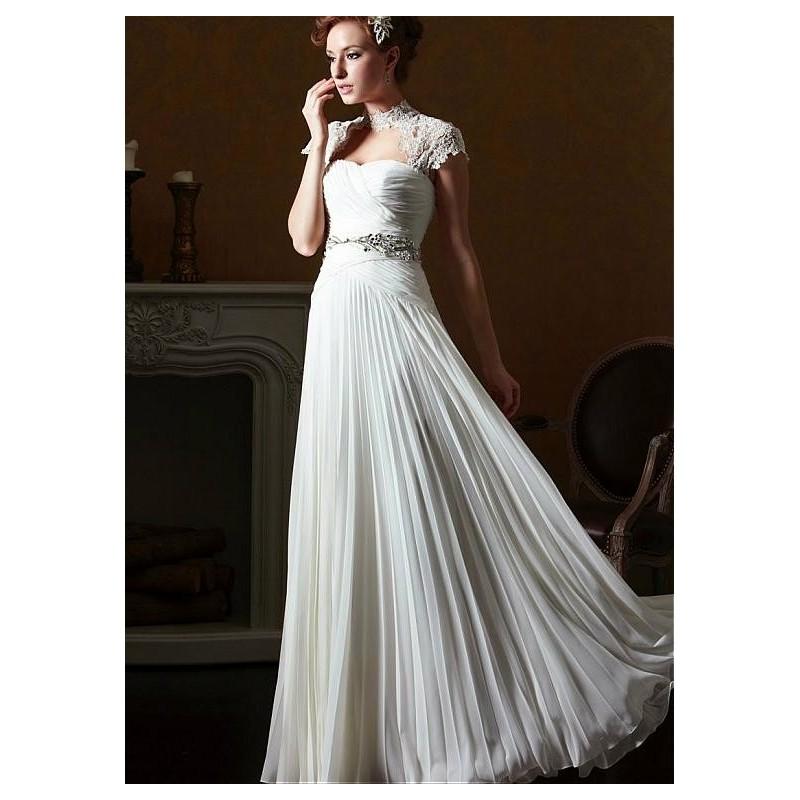 زفاف - Romantic Chiffon High Collar Neckline Inverted Basque Waistline Sheath Wedding Dress With Rhinestones - overpinks.com