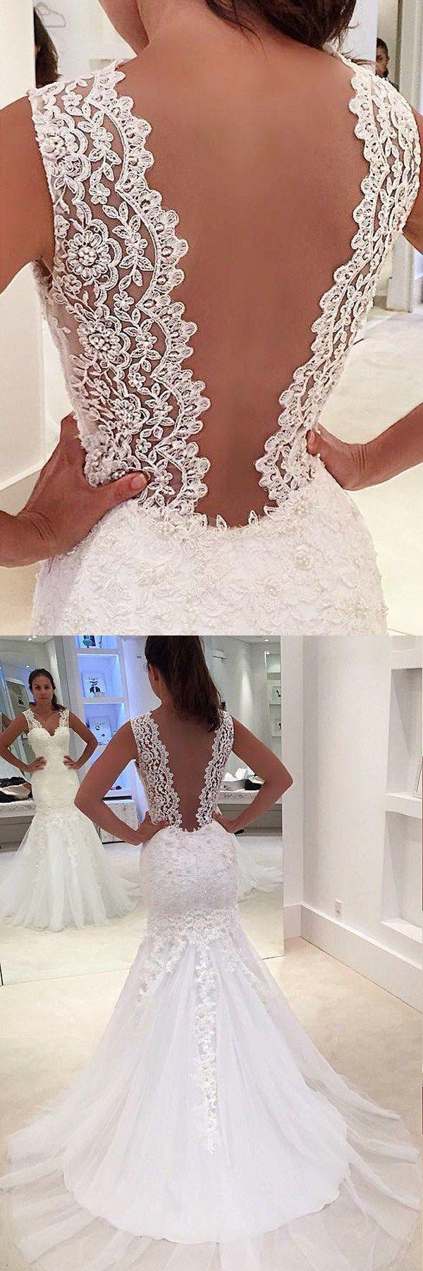 Свадьба - Mermaid V-Neck Court Train Backless White Chiffon Wedding Dress With Lace