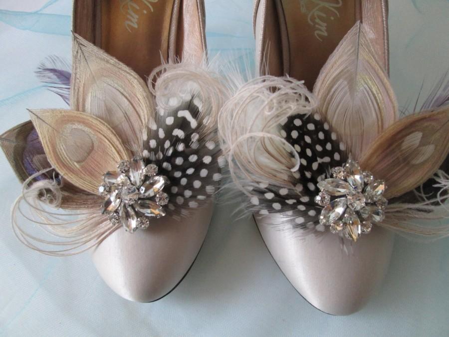 زفاف - Peacock Wedding Shoe Clips, Gatsby Bridal 20s Shoe Clips, Bride's Rustic Feather Shoe Clips, Ivory / Champagne, Millinery Shoe Accessories