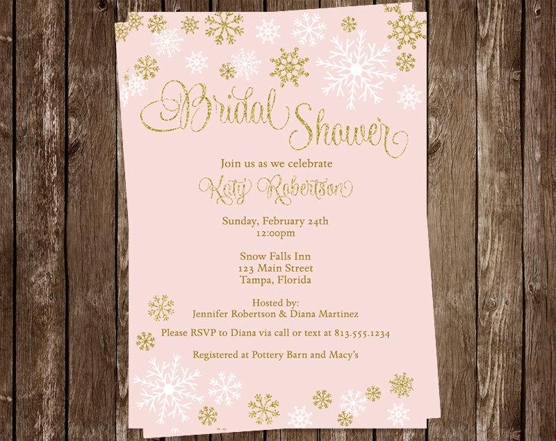 Mariage - Winter Bridal Shower Invitations, Wedding, Pink, Gold, Snowflakes, Blush, White, 10 Printed Invites, FREE Shipping, SNWBL Glitter, Snow Fall