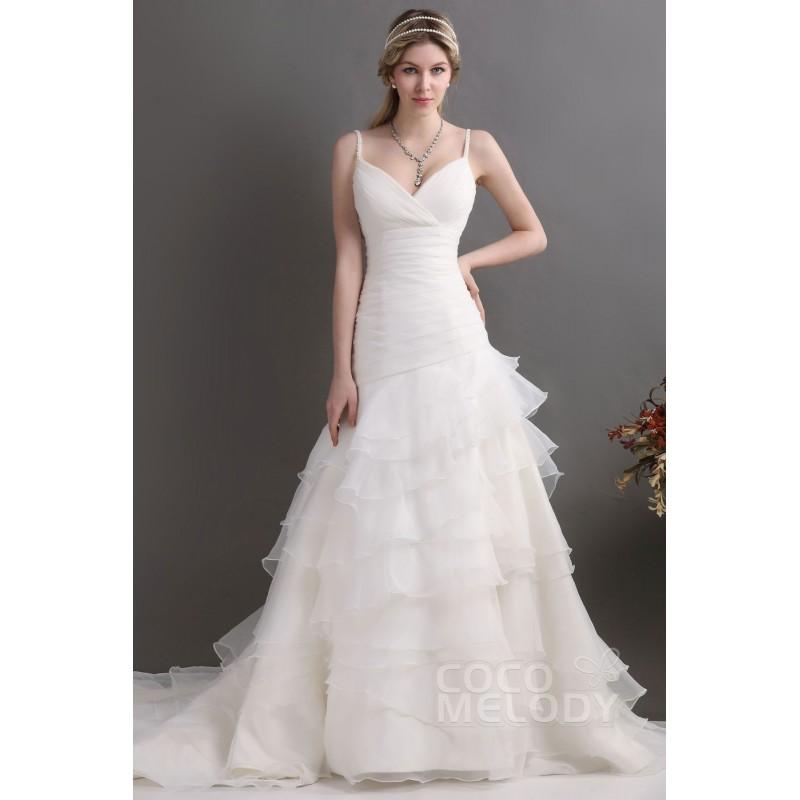 زفاف - Dreamy A-Line Spaghetti Strap Court Train Organza Lace Up-Corset Wedding Dress CWLT130BA - Top Designer Wedding Online-Shop