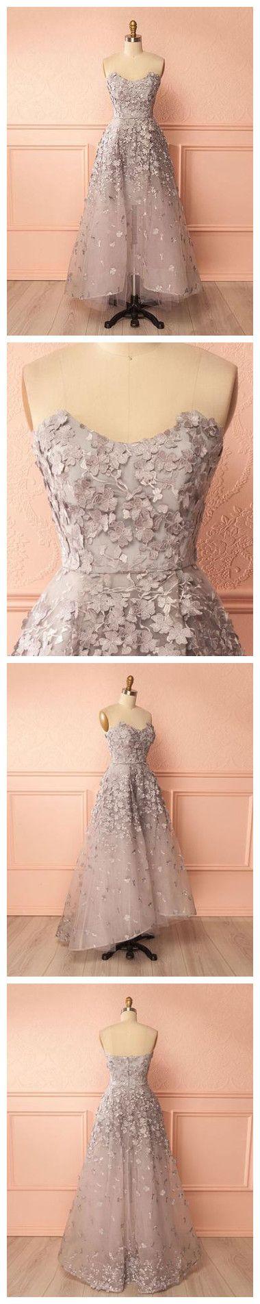 Свадьба - A-line Sweetheart High Low Prom Dress Silver Applique Tulle Chic Evening Dress AM702