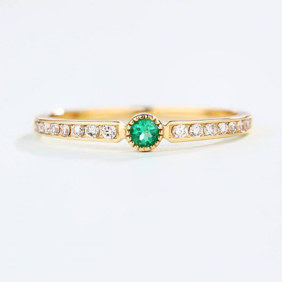 Hochzeit - Simple Emerald engagement ring Half Eternity band Thin Dainty wedding ring 14K Gold Channel set delicate Row diamond ring Promise Stacking