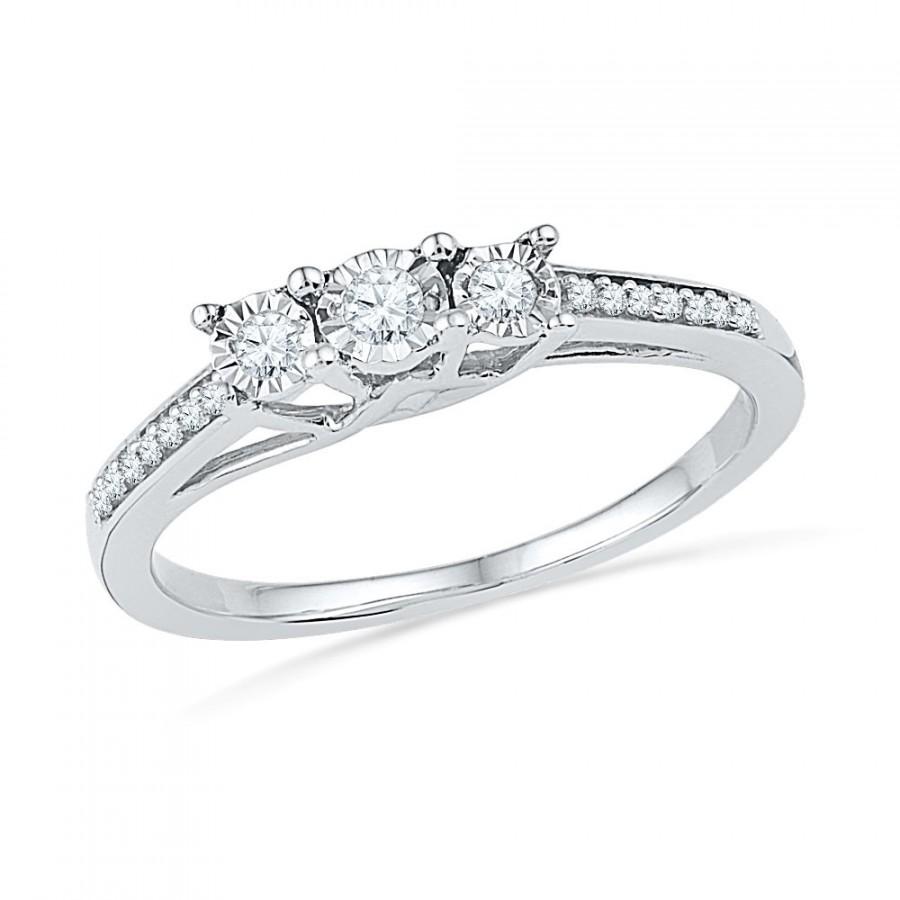 زفاف - Three Diamond Engagement Ring, Sterling Silver Promise Ring or White Gold Ring