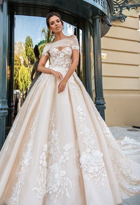زفاف - Floral Lace Applique Embroidered Ballgown Wedding Dress
