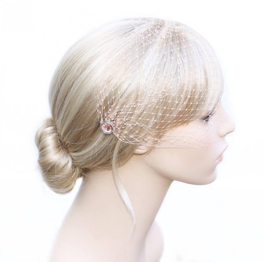 Wedding - Blush Peach Crystal Veil Soft Birdcage Veil Bandeau Style Blusher 9 inch French Net On Decorative Hair Combs