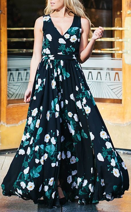 زفاف - Magnolia Blooms Black Floral Print Maxi Dress