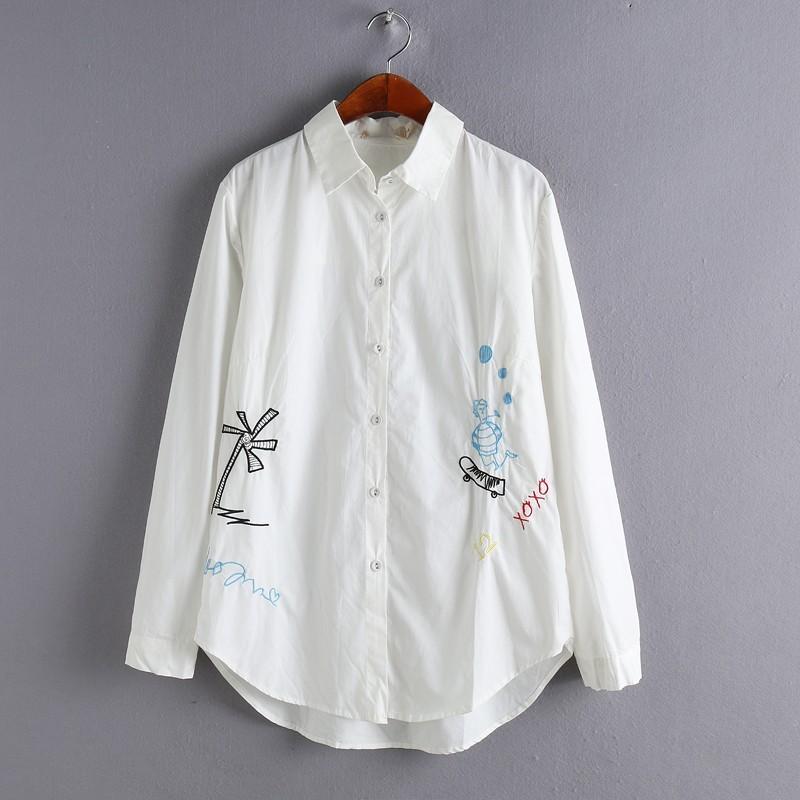 زفاف - Oversized Embroidery Plus Size Long Sleeves Cotton Cartoon Spring Blouse - beenono.com