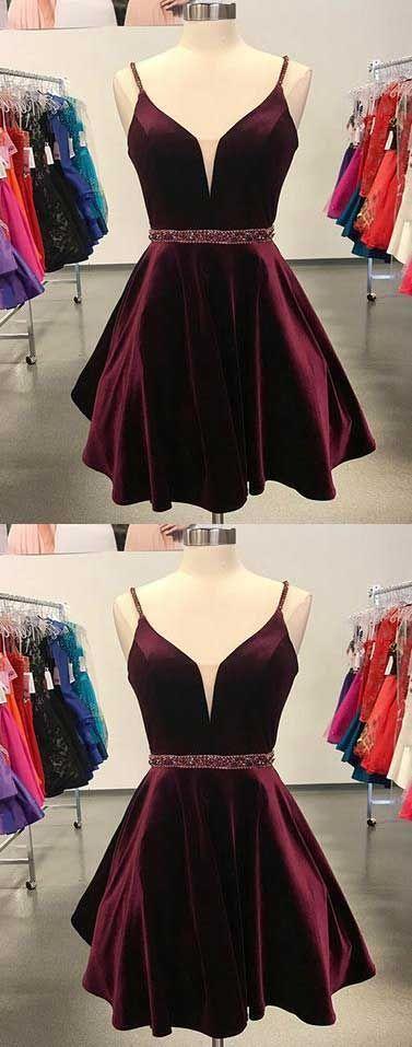 Mariage - Simple A-Line Spaghetti Straps Burgundy Velvet Short Homecoming Dress With Beading