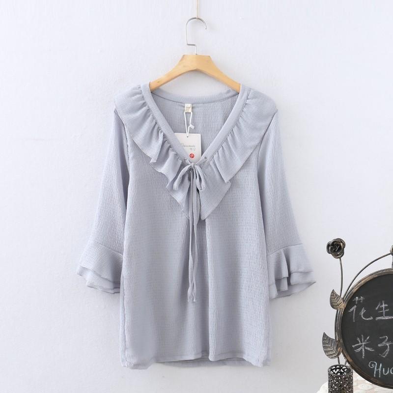 Mariage - Plus Size V-neck 3/4 Sleeves Summer Frilled Blouse Chiffon Top - Lafannie Fashion Shop