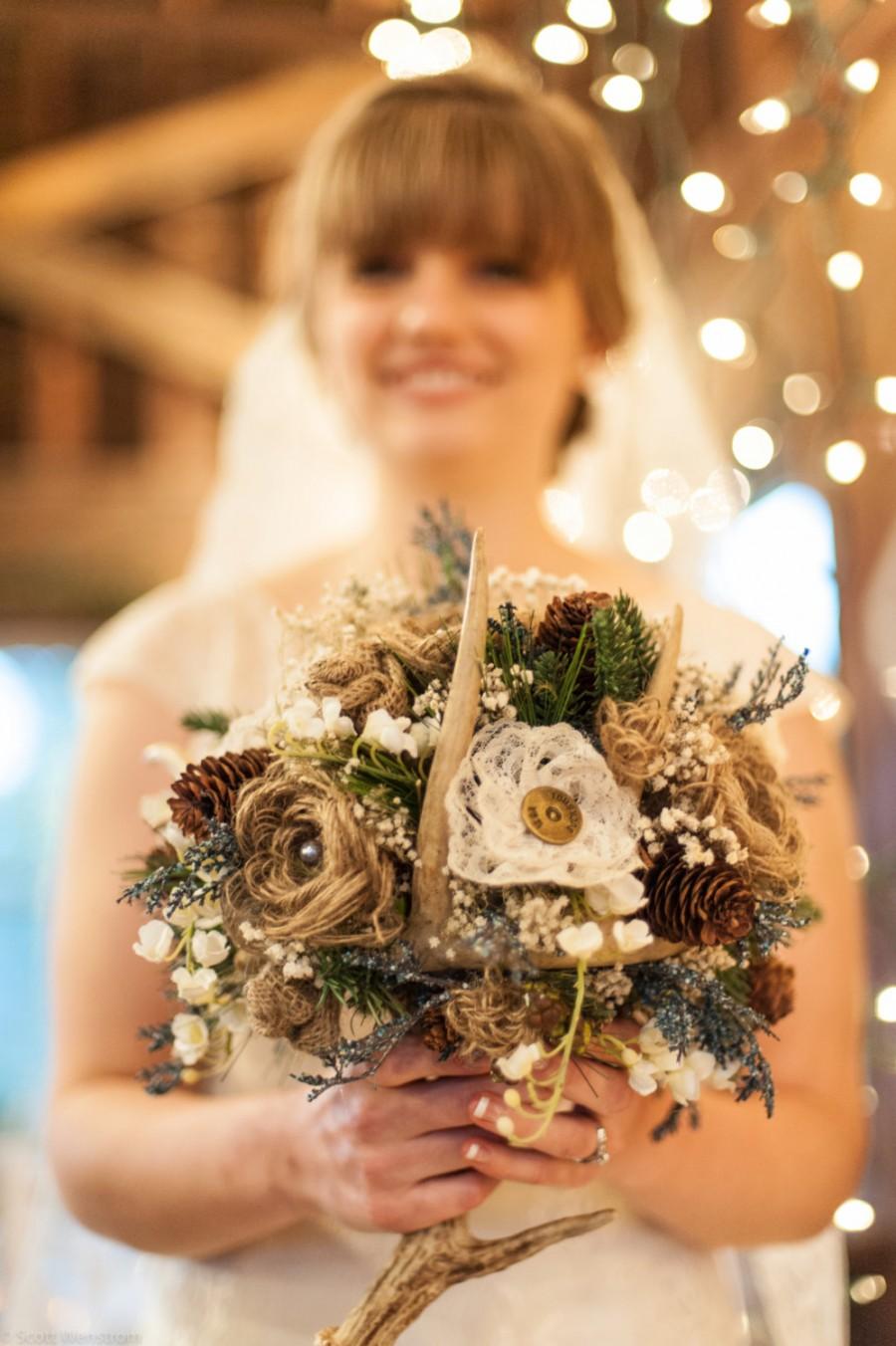 Свадьба - Deer Antler Bridal Bouquet with burlap and lace flowers in your wedding color scheme