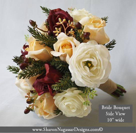 Свадьба - Blush, cream, burgundy, ivory, Bouquet, pine, rose, ranunculus, berries, Real Touch flowers, winter, christmas, silk, wedding