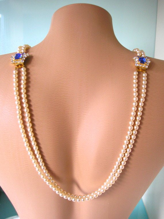 Hochzeit - Cobalt Blue Bridal Backdrop Necklace