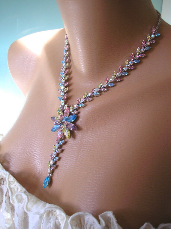 زفاف - Rainbow Rhinestone Necklace, Gatsby Jewelry