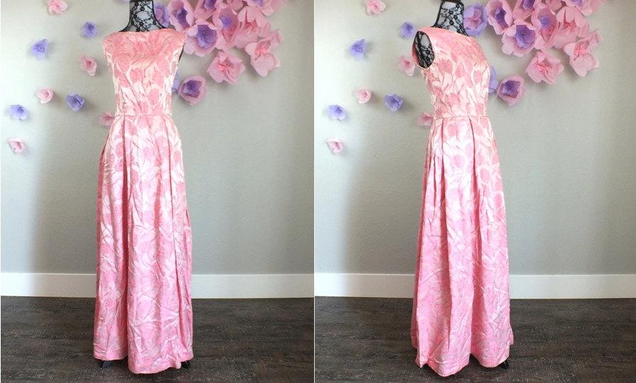 Wedding - CLEARANCE SALE Vintage 1950s Pink Tulip Maxi Bridesmaid Dress Full Fall Wedding Guest Embroidered Mid Century Gown Party Medium M Size 8 10
