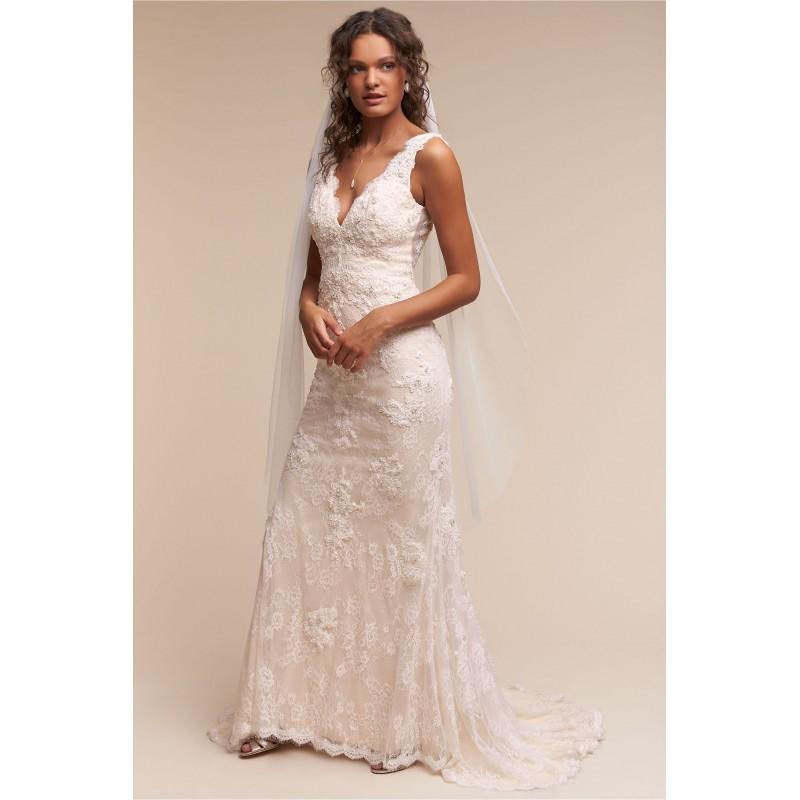 Wedding - BHLDN Spring/Summer 2017 Eliana Sweep Train Sleeveless Vintage V-Neck Ivory Sheath Lace Beading Bridal Dress - Bonny Evening Dresses Online 