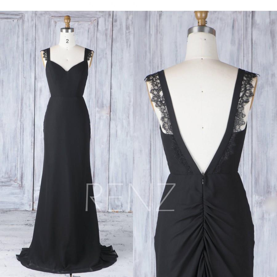 زفاف - Bridesmaid Dress Black Chiffon Wedding Dress with Train,Deep V Back Fitted Prom Dress,Lace Straps Maxi Dress,Ruched Dress Full Length(H536)