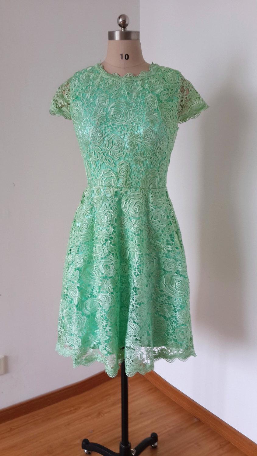 Свадьба - 2015 Cap Sleeves Mint Lace Short Bridesmaid Dress