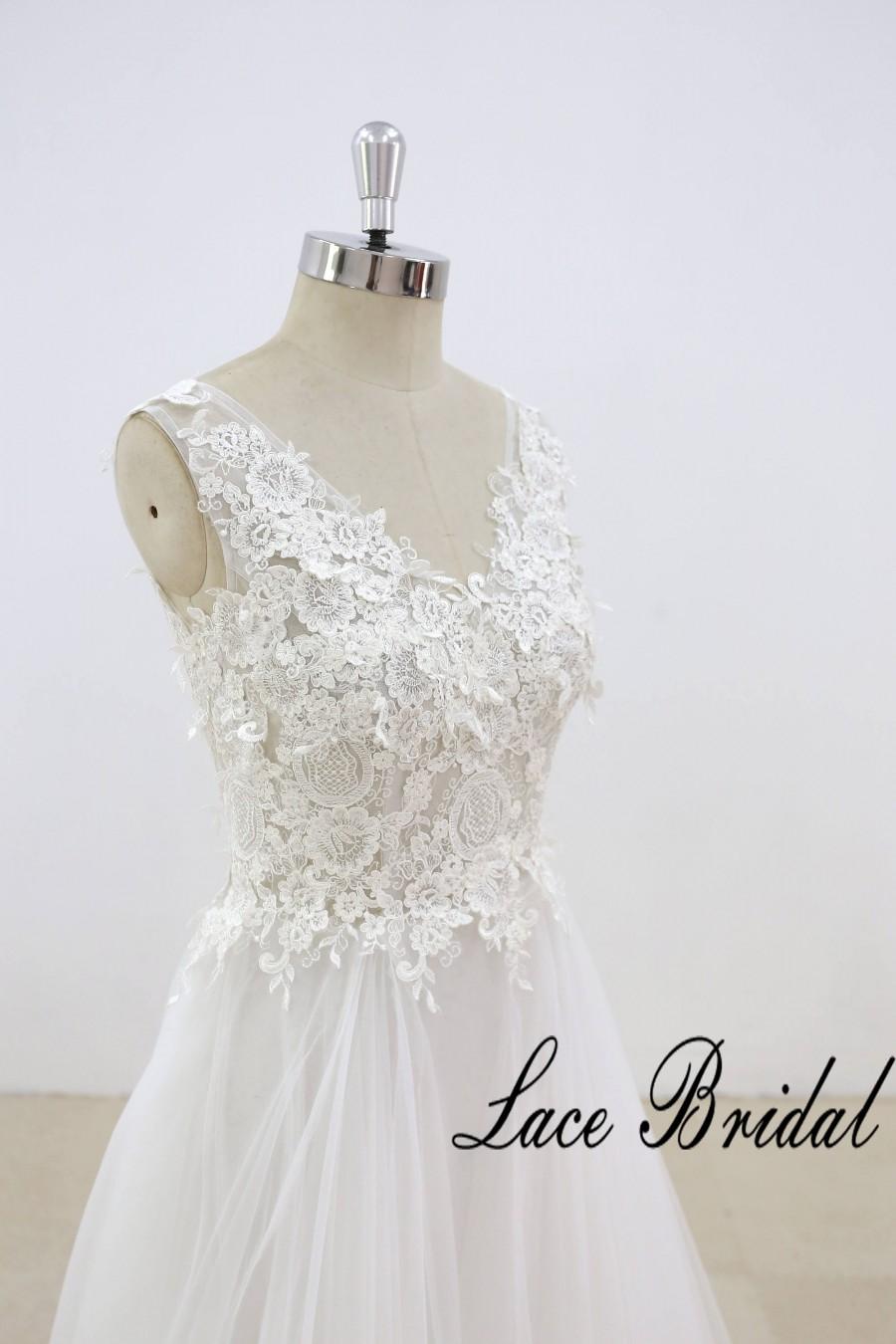 Hochzeit - Transparent Wedding Dress with Deep V Back A Line Wedding Dress Tulle Wedding Gown Special Lace Bridal Gown