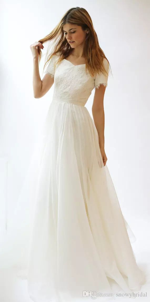 Wedding - Short Sleeves Lace Chiffon Modest Wedding Dresses 2017 With Sleeves Sashes A-line Summer Beach Boho Wedding Gowns Simple Reception Dress