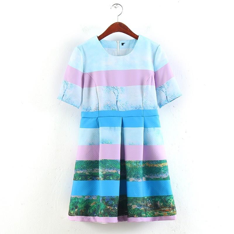 Mariage - Must-have Printed Slimming Scoop Neck Summer Short Sleeves Stripped Dress - beenono.com