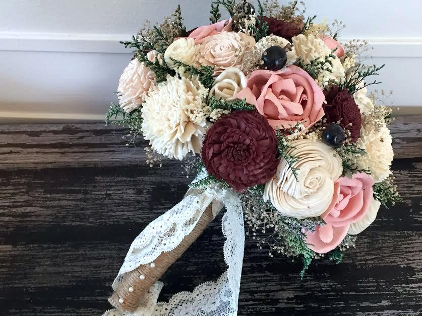 Wedding - Burgundy, Pink Wedding Bouquet made with sola flowers - choose your colors - Custom - Alternative bridal bouquet - bridesmaids bouquet