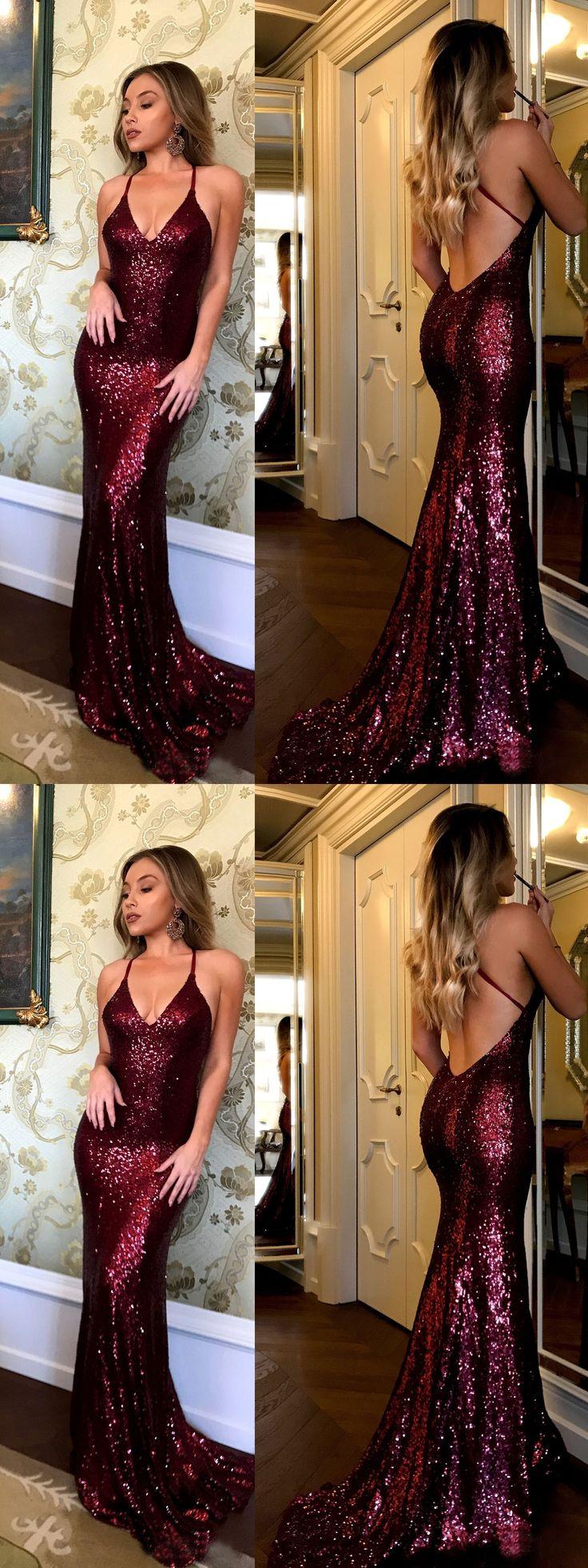 Mariage - Spaghetti Strap V-neck Burgundy Sequins Lace Mermaid Prom Dresses APD2835