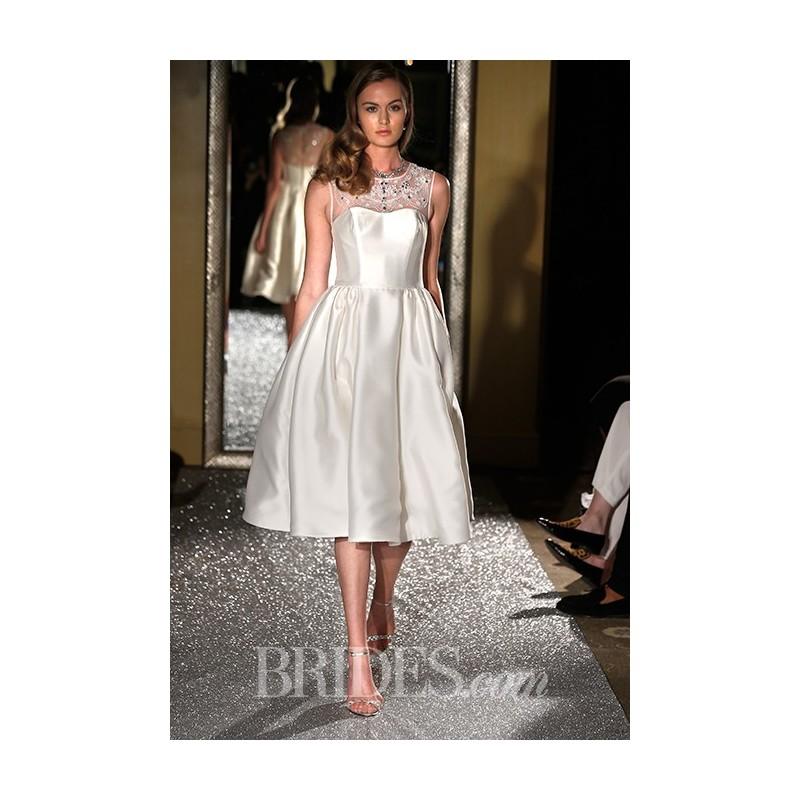 Wedding - Oleg Cassini - Fall 2015 - Style CWG664 Silk Mikado Sleeveless Tea Length A-line Crystal Illusion Neckline Wedding Dress - Stunning Cheap Wedding Dresses