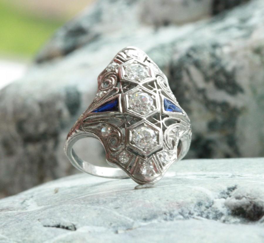 Hochzeit - Art Deco Diamond Ring in Platinum 0.94 cts total weight - BB1052