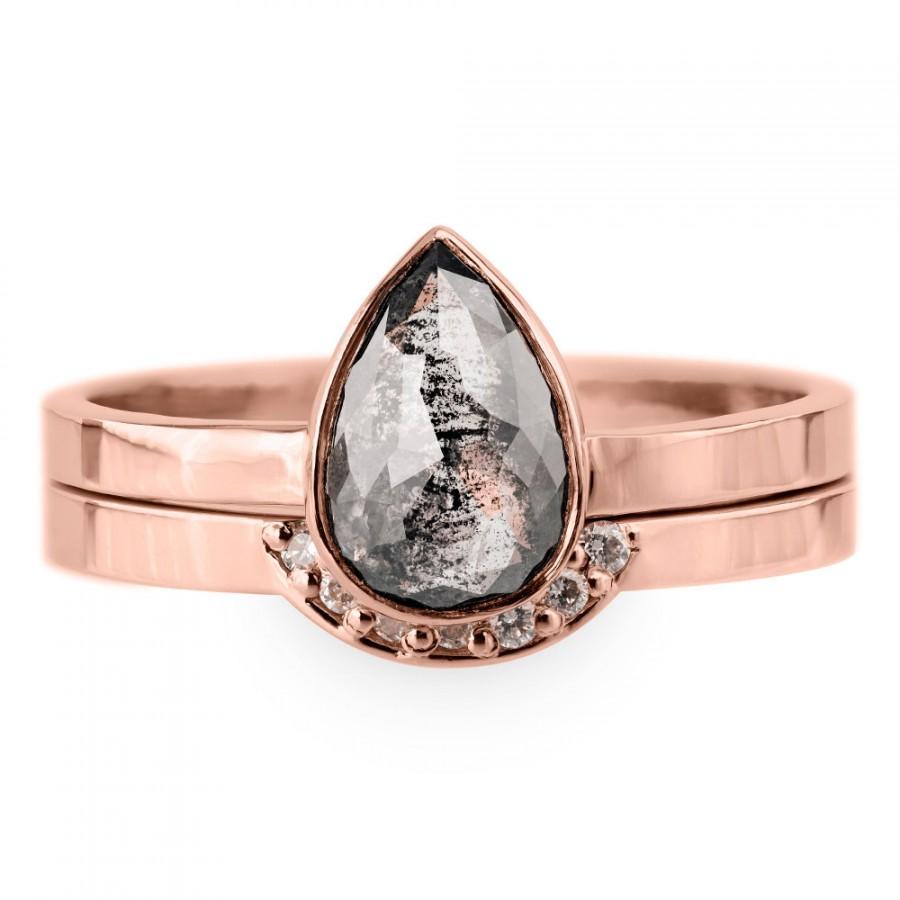 زفاف - Black Diamond Engagement Ring, 14k Rose Gold