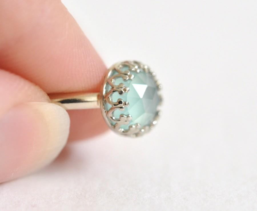 Hochzeit - 14k White Gold Ring- Aqua Chalcedony Ring- Crown Bezel- Alternative Engagement Ring- Blue Chalcedony Ring- Dainty Ring- Blue Gemstone Ring