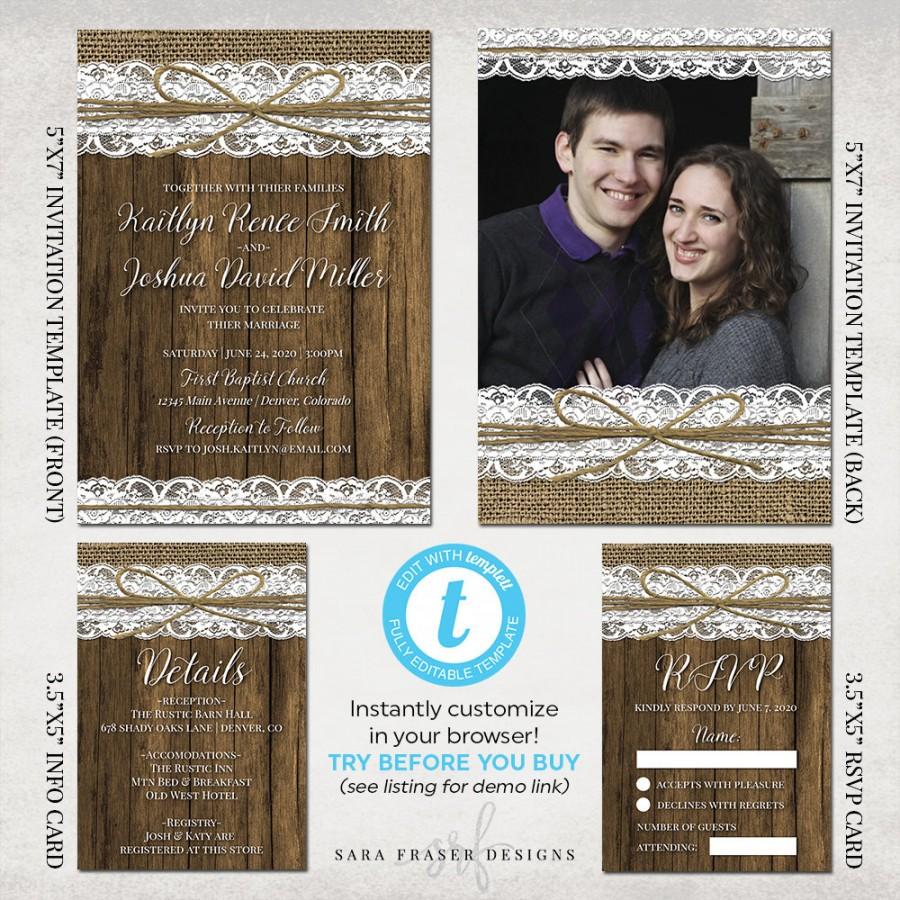 Mariage - Rustic Wedding Invitation Suite Set - Burlap, Lace, Wood, Western, Country - Photo Template Templett - 5x7, 3.5x5 - Instant Download