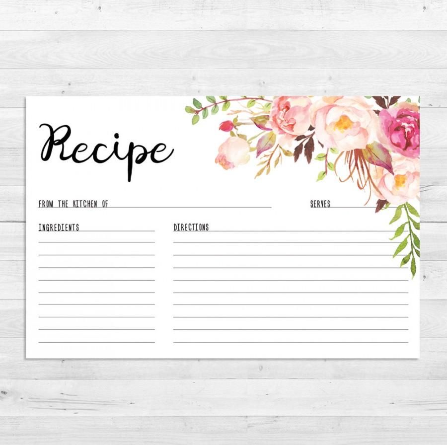 Recipe Cards, Bridal Shower, Boho Recipe Card, Watercolor, Floral Pertaining To Recipe Card Design Template