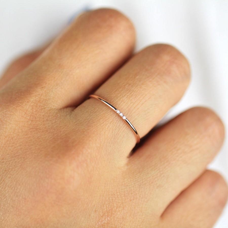 زفاف - Minimalist Diamond Ring, 14k Solid Gold Diamond Band, 1mm Full Round Thin Ring with 1, 2 or 3 Stones .95 mm Diamond, Wedding Engagement Ring