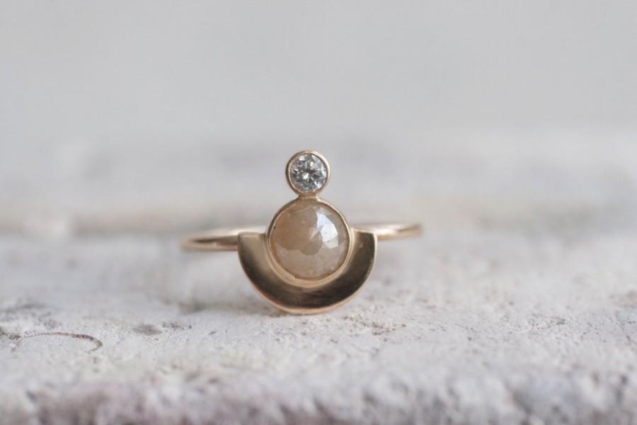 Wedding - White Diamond and Rose Cut Diamond Semicircle Solid 14k Gold Ring 