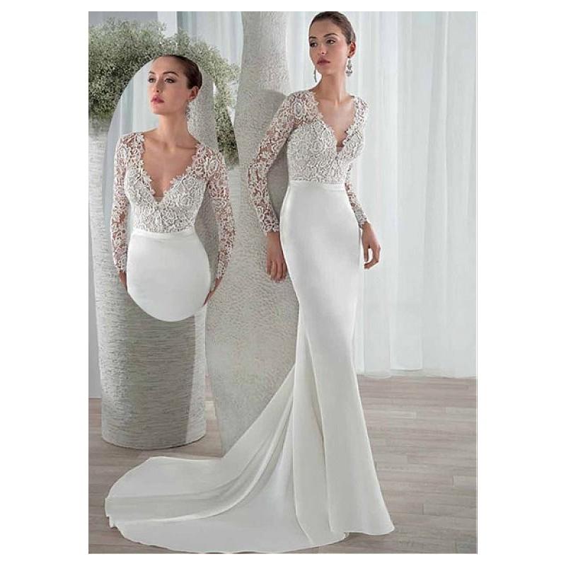 Mariage - Elegant Satin & Lace V-neck Neckline Sheath Wedding Dresses - overpinks.com