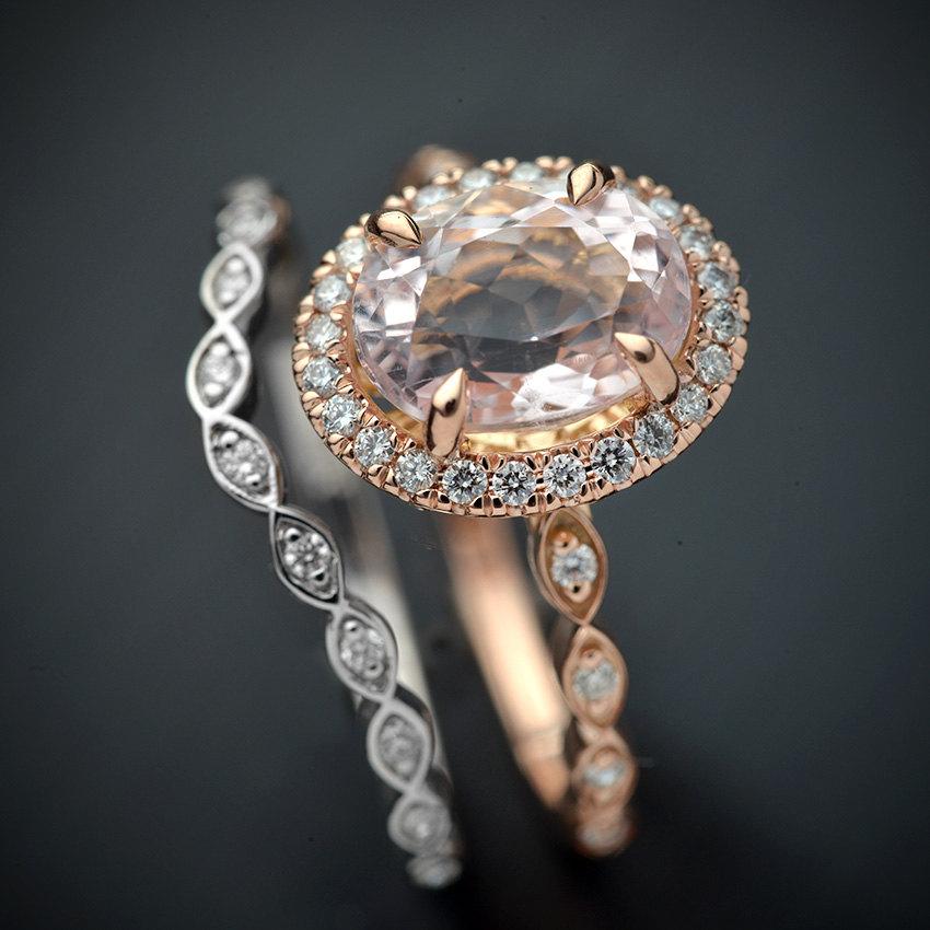 زفاف - Stunning 14kt. Pink and White  Gold Bridal set or individual with Natural Morganite Oval Shape Center stone and Diamond Halo