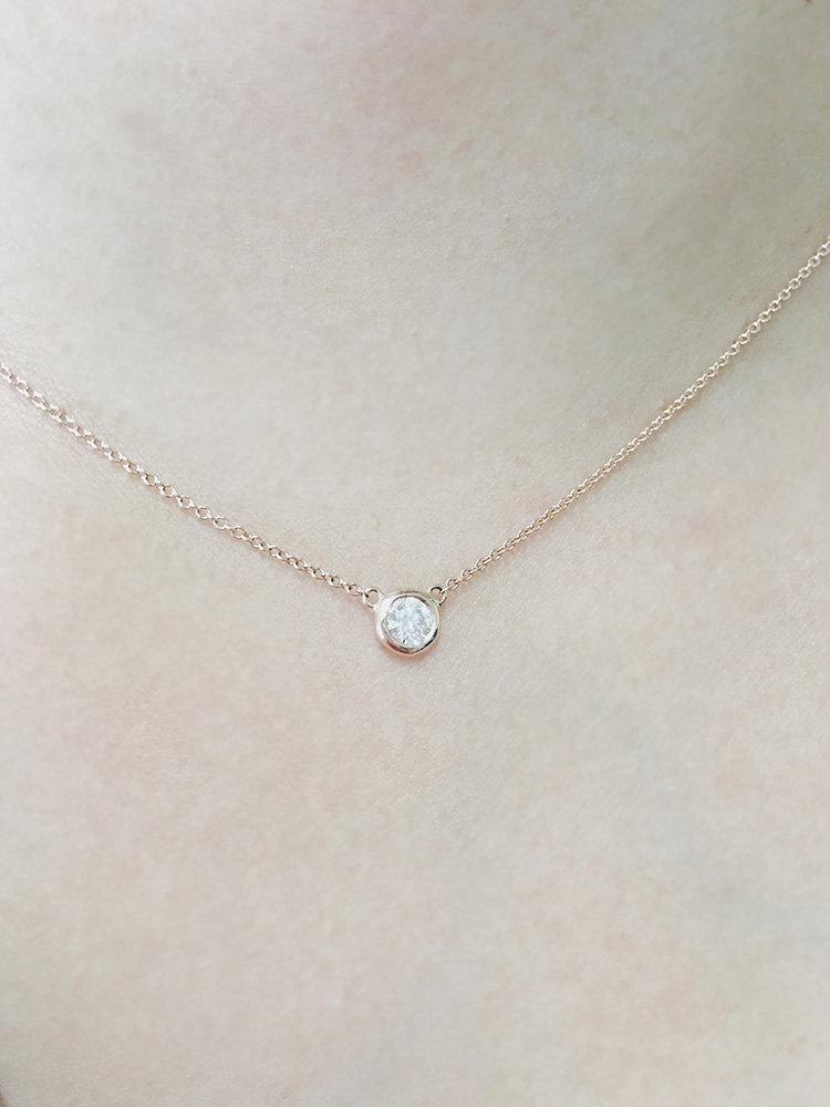 زفاف - Diamond Solitaire Necklace, Diamond Necklace, Natural Brilliant Cut Bezel Diamond Necklace, Minimalist 0.07 Ct. Bezel Set Diamond Necklace