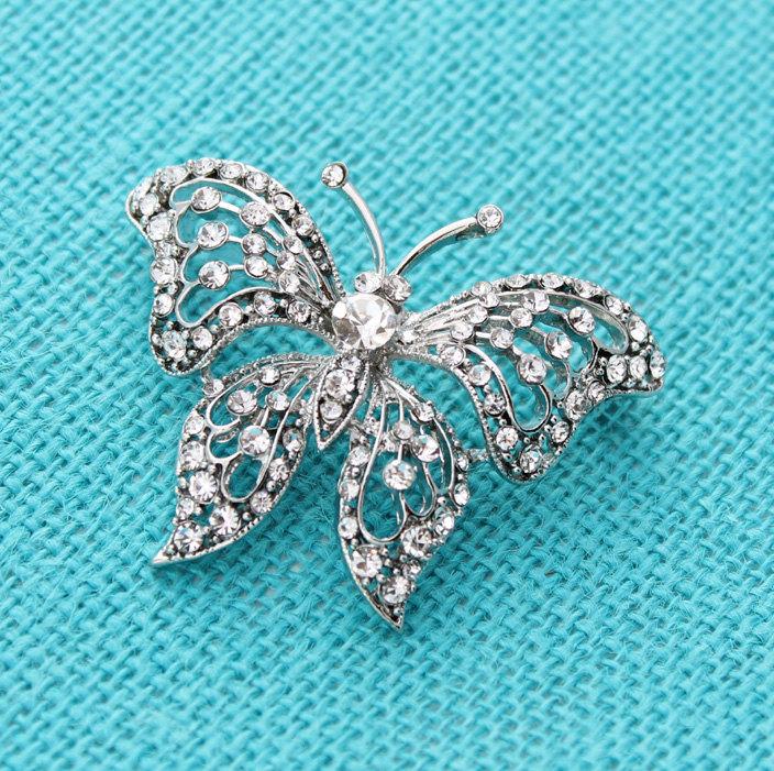 زفاف - Rhinestone Butterfly Brooch, Butterfly Bridal Brooch, Crystal Burrefly Broach, Butterfly Brooches, Diamante Butterfly Pin